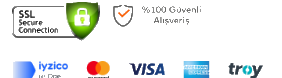 SSL güvenli bağlantı, %100 güvenli alışveriş, iyzico, Mastercard, Visa, American Express, Troy